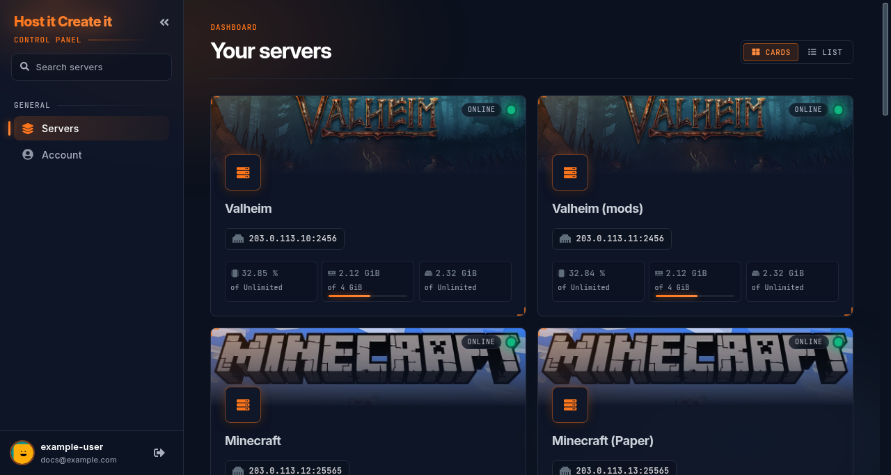 Servers page listing each server with its name, address and resource use