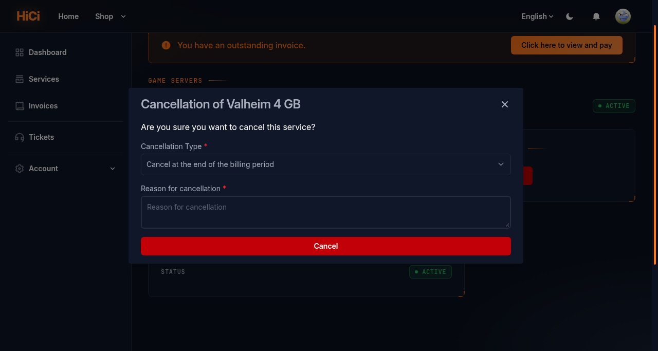 Client Area cancellation form with Cancellation Type, Reason for cancellation and the Cancel button