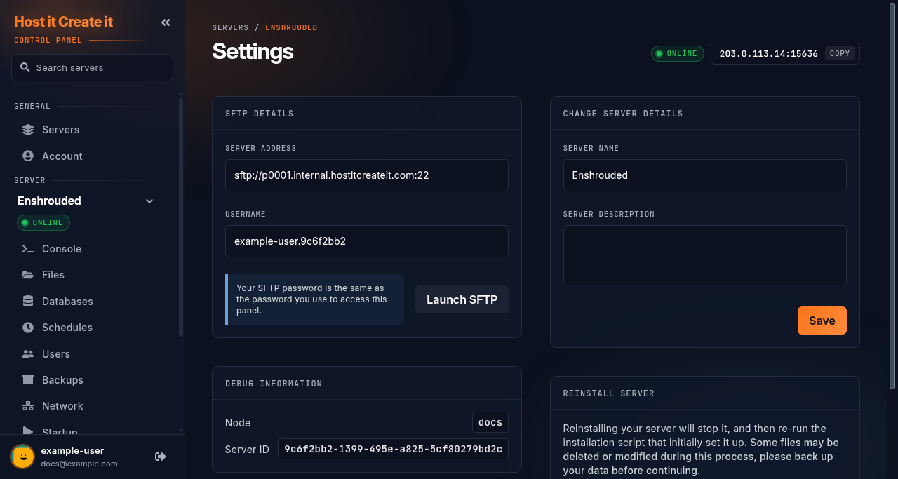 Settings page, SFTP Details box: server address sftp://p0001.internal.hostitcreateit.com, the username example-user.e1e80ae6, and Launch SFTP