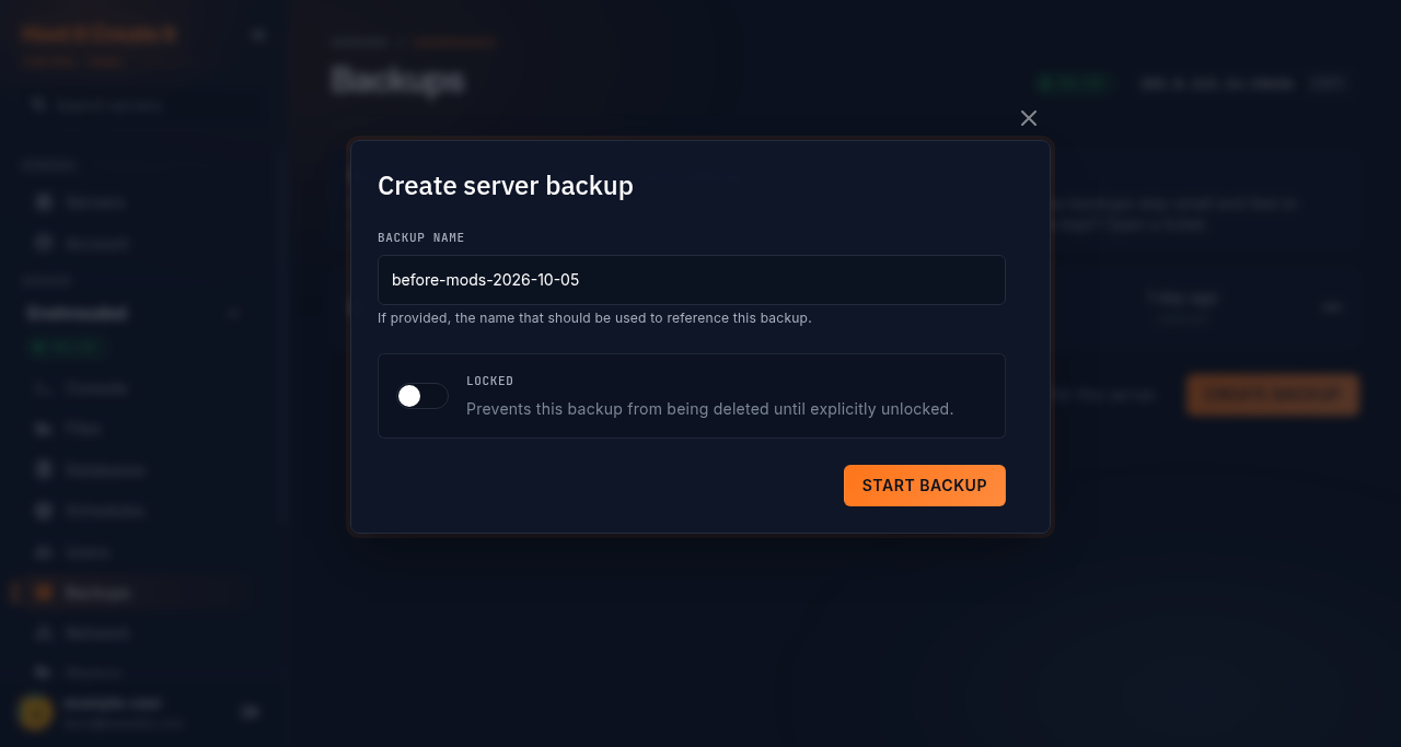 Create server backup window with the Backup name field, the Locked switch and the Start backup button