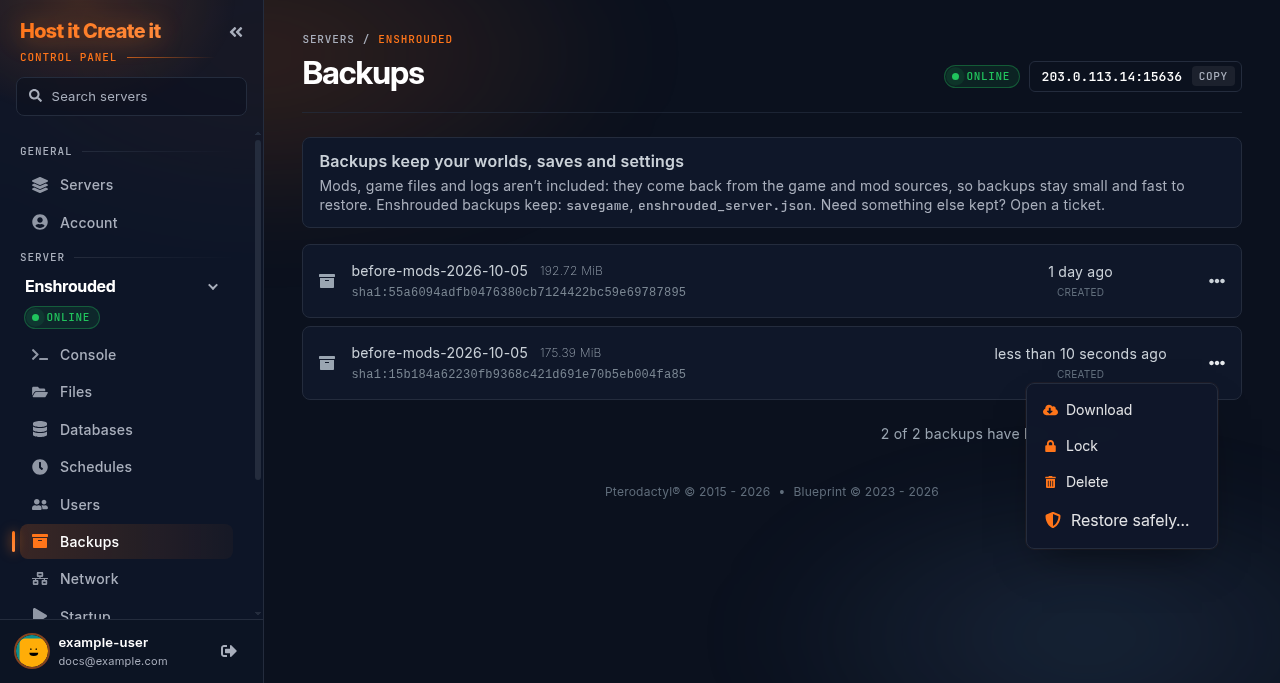 A backup’s menu open, showing Download, Lock, Delete and Restore safely…