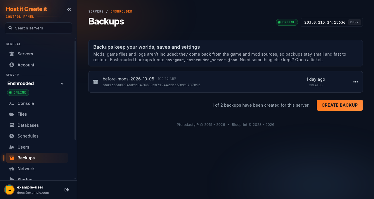 Backups page with the box explaining that backups keep worlds, saves and settings, and listing the folders kept for this game