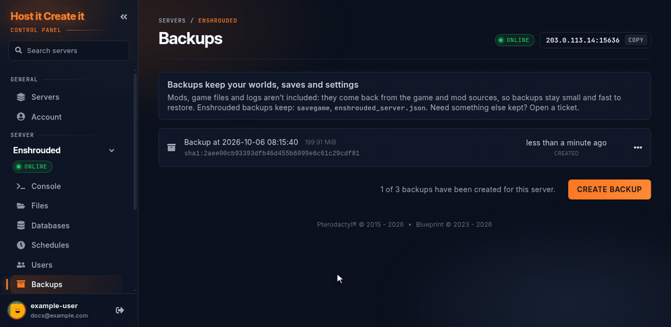 Creating a backup: Create backup, type a name, Start backup, and the backup appears in the list