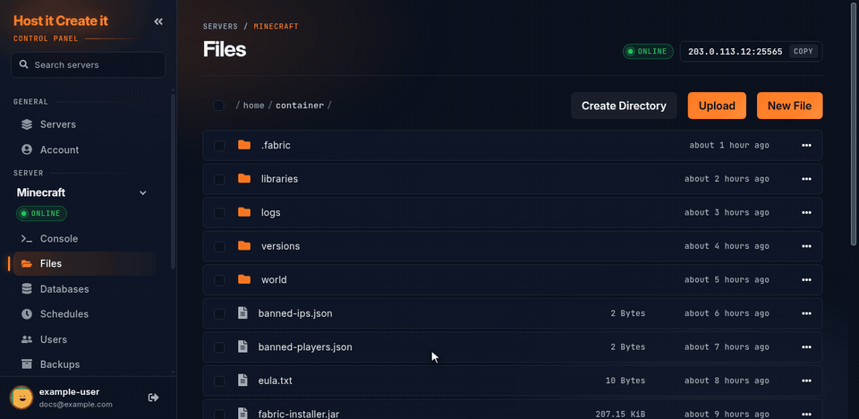 Editing a file: open server.properties in Files, change a line, then Save Content