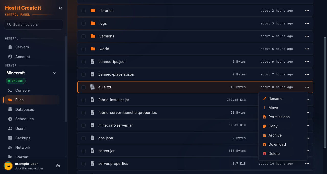 A file’s ••• menu open, showing Rename, Move, Permissions, Copy, Archive, Download and Delete