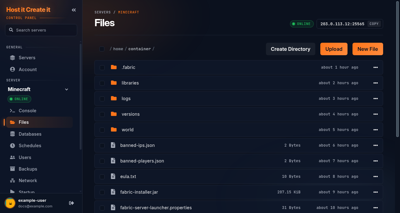 Files page of a Minecraft server with Create Directory, Upload and New File at the top and a ••• menu on each row
