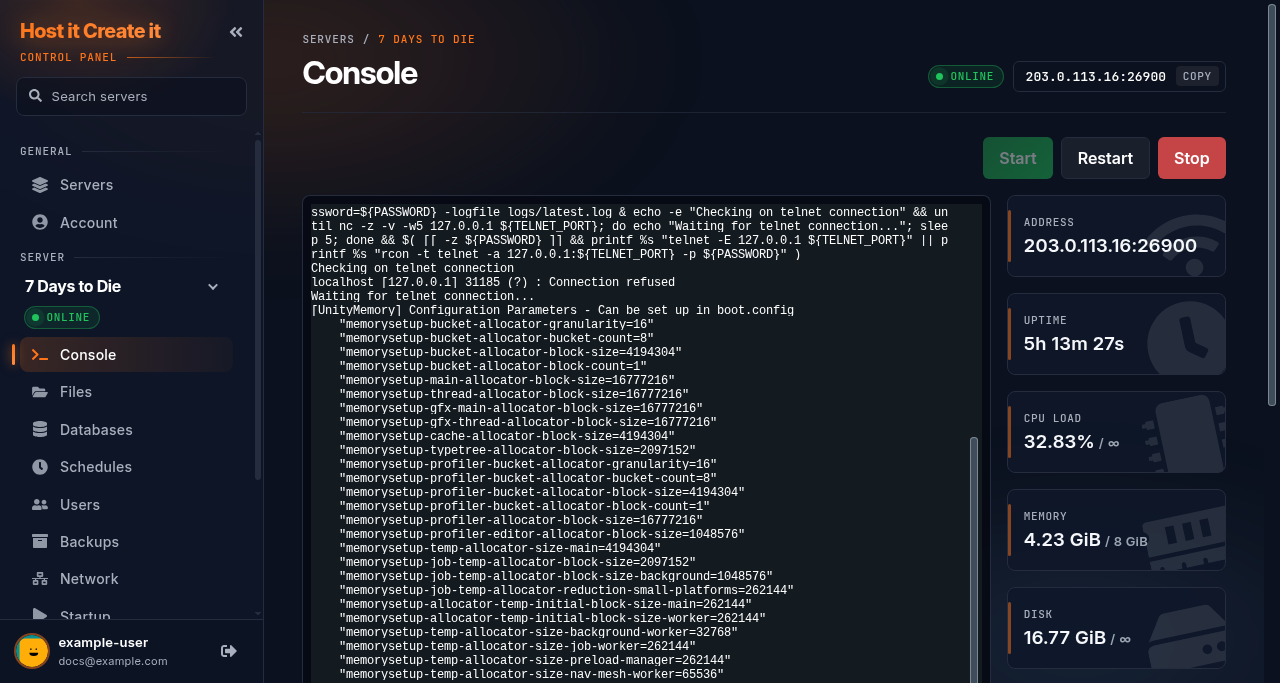 Console of a 7 Days to Die server after start-up