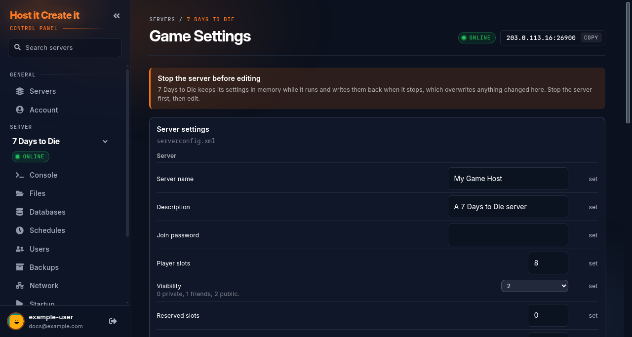7 Days to Die Game Settings page for serverconfig.xml