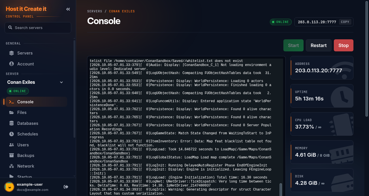 Console of a Conan Exiles server after start-up
