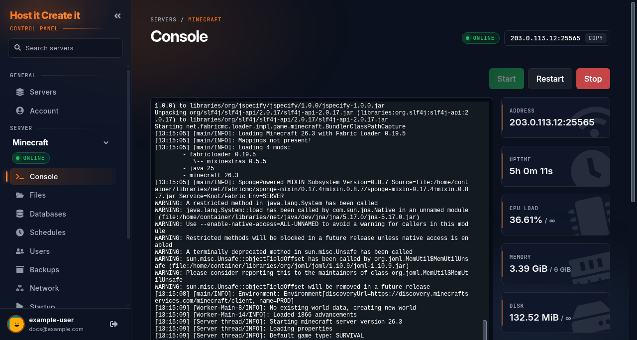 Console of a Minecraft server showing its start-up output