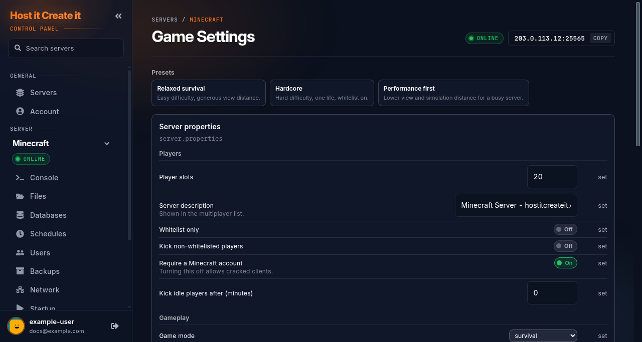 Minecraft Game Settings page with the Relaxed survival, Hardcore and Performance first presets and the Players settings, Whitelist only switched off