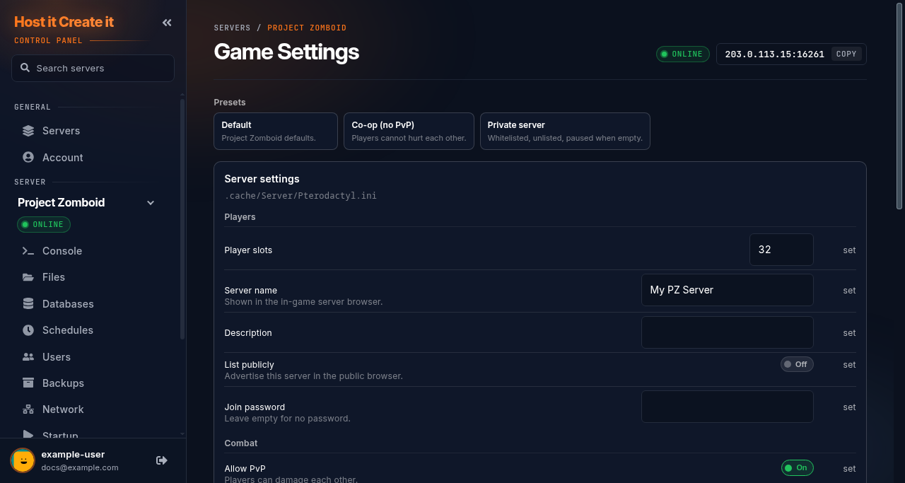 Project Zomboid Game Settings page for the server ini