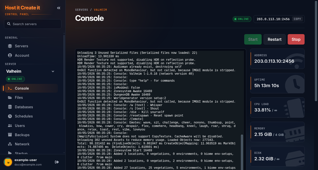 Console of a Valheim server showing the world loading