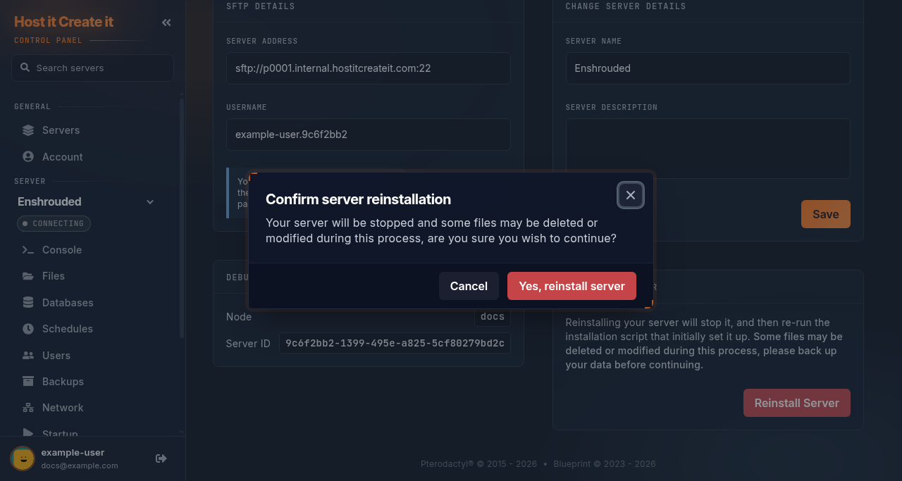 Confirm server reinstallation window with the Yes, reinstall server button