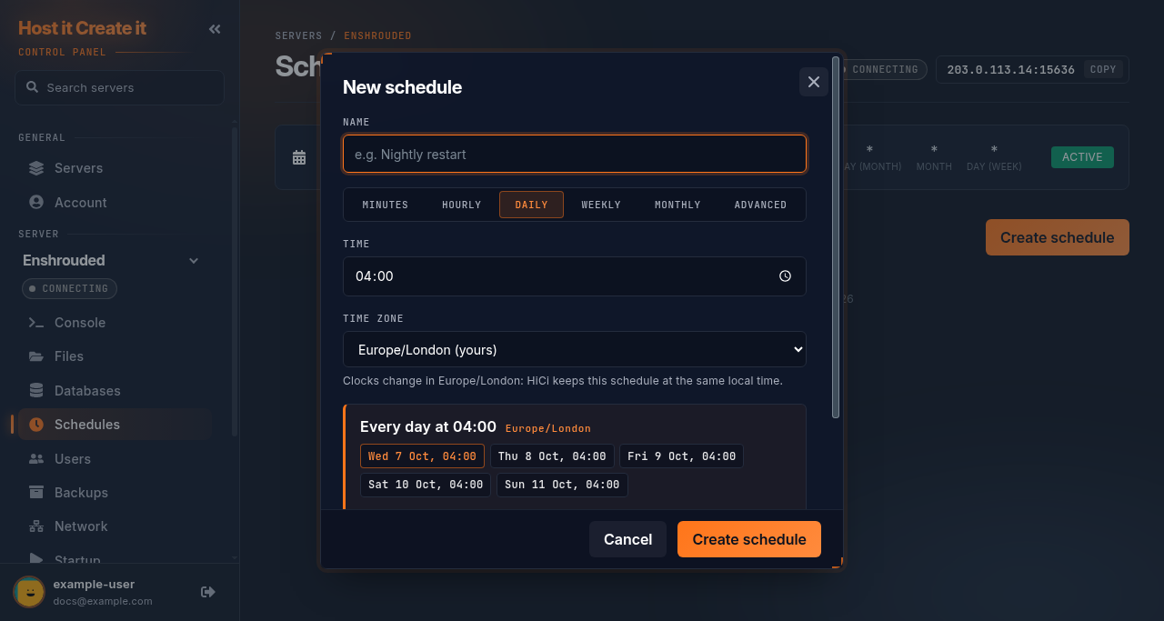 New schedule window: Name, the Minutes to Advanced frequency buttons with Daily selected, Time 04, Time zone Europe/London (yours), and the summary Every day at 04 with the next five run times