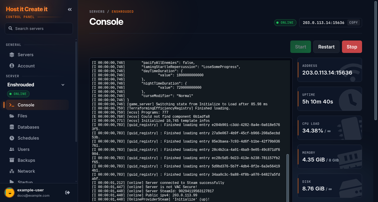 Console page of a running server: Start, Restart and Stop buttons above the live console, with address, uptime, CPU, memory and disk on the right