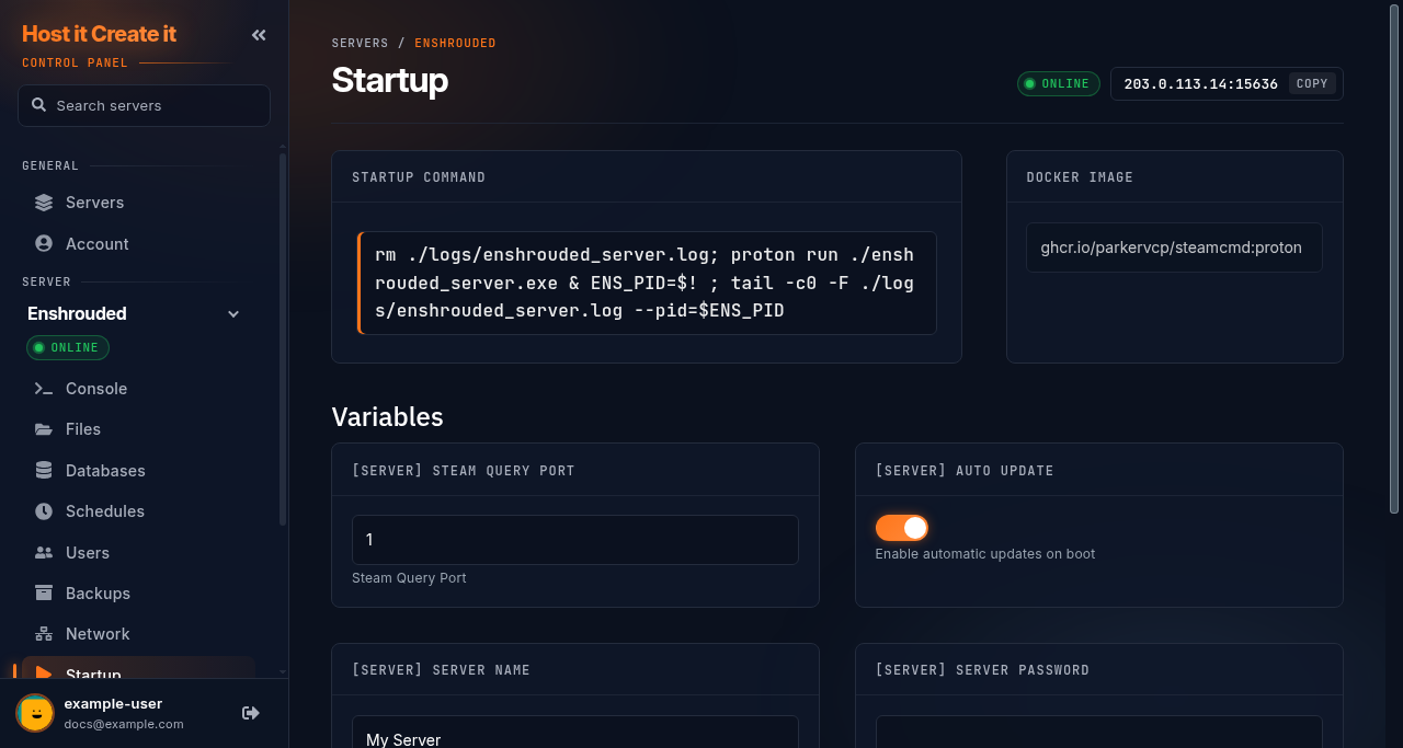 Startup page showing the Startup Command, the Docker Image and the Variables for the server