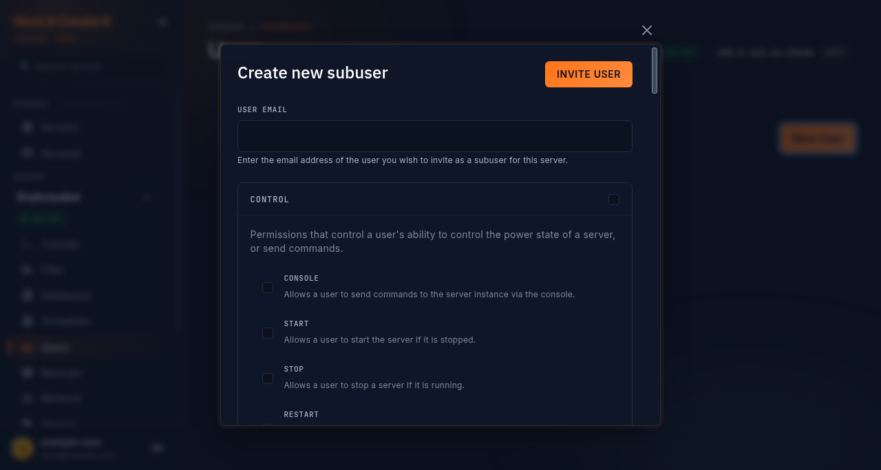 Create new subuser window with the User Email field, the Invite User button and the control permissions group