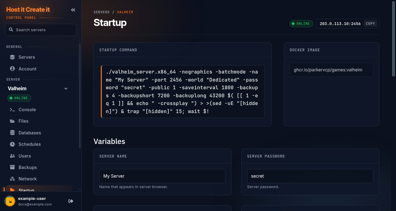 Startup page of a Valheim server showing its Auto Update setting